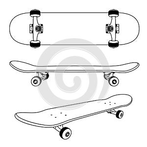 Classic skateboard view from the side, bottom and at an angle