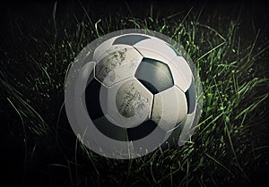 Classic soccer ball in a football stadium on a green lawn - AI generated image