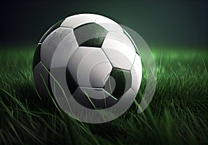 Classic soccer ball in a football stadium on a green lawn - AI generated image