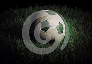 Classic soccer ball in a football stadium on a green lawn - AI generated image