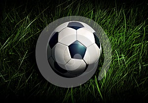 Classic soccer ball in a football stadium on a green lawn - AI generated image