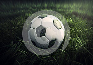 Classic soccer ball in a football stadium on a green lawn - AI generated image