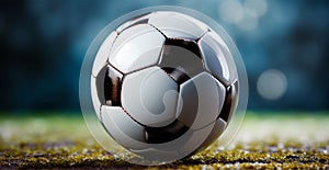 Classic soccer ball in a football stadium on a green lawn - AI generated image