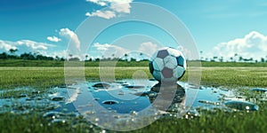 Classic Soccer Ball in Puddle on Green Field with a Clear Blue Sky in Background. Generative AI