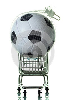 Classic soccer or football ball and shopping cart. Selling and buying sport equipment concept. White background. Sport supply