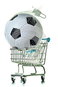 Classic soccer or football ball and shopping cart. Selling and buying sport equipment concept. White background. Sport supply