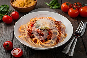 Classic spaghetti bolognese garnished with cheese and tomatoes