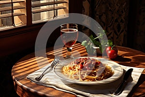 Classic spaghetti bolognese, highlighting the rich tomato sauce, perfectly cooked pasta, and grated Parmesan cheese