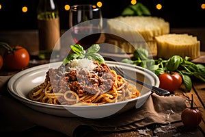 Classic spaghetti bolognese, highlighting the rich tomato sauce, perfectly cooked pasta, and grated Parmesan cheese
