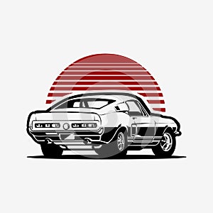 Classic Sport Muscle Car Vector Art Illustration Design Rear View. Best for Automotive Classic T-Shirt Design