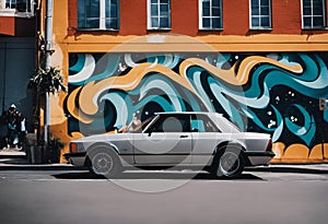 a classic sports car parked in front of a painted building