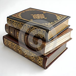 Stack of leather-bound books isolated on white background