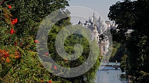 Classic static shot of Whitehall from St James Park