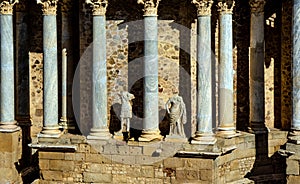 Classic statues and Greek and Roman columns from the Roman Theater of Merida