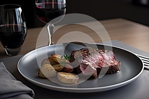 classic steak and potatoes dinner, served on white plate with red wine