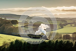 classic steam train chugging through the countryside, with rolling hills and pastel skies
