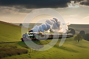 classic steam train chugging through the countryside, with rolling hills and pastel skies