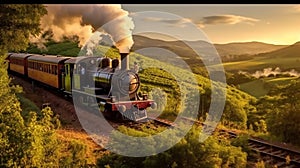 a classic steam train ride at sunrise