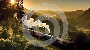 a classic steam train ride at sunrise