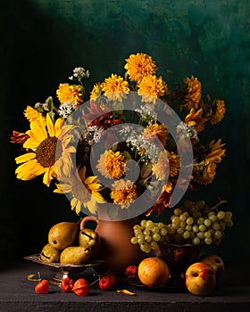 Classic still life with a bouquet of autumn flowers and ripe fruits