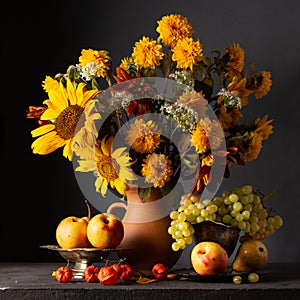 Classic still life with a bouquet of autumn flowers and ripe fruits