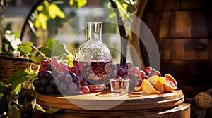 Classic still-life with red wine in jar and ripe grapes bunch generative ai