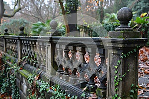 Classic stone balustrade with ivy, overgrown garden. Historical architecture