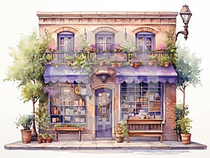 classic store cafe front door watercolor, home house building architecture watercolor