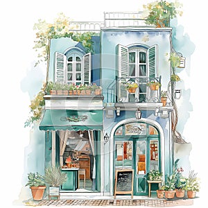 classic store cafe front door watercolor, home house building architecture watercolor
