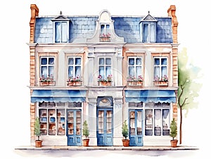 classic store cafe front door watercolor, home house building architecture watercolor