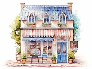 classic store cafe front door watercolor, home house building architecture watercolor