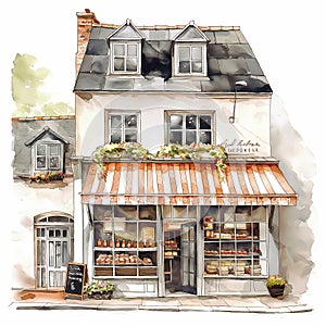 classic store cafe front door watercolor, home house building architecture watercolor