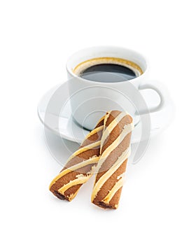 Classic Striped Cookies and coffee cup isolated on white background