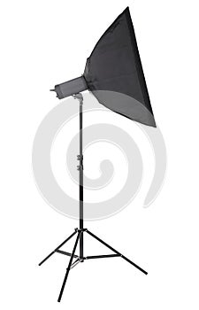 A classic studio light bulb in strip softbox, isolated on a white background. Studio lighting. Professional equipment.