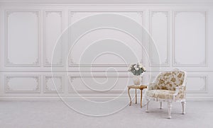 Classic style living room interior.Chair,white wall with moulding