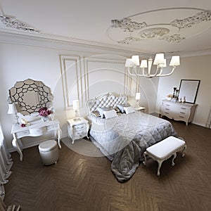 Classic style luxury bedroom interior in beige colors with boudoir and window