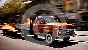 Classic style retro vintage 4x4 american classic jeep SUV motion as it speeds through sunset avenue