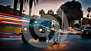 Classic style retro vintage 4x4 british classic jeep SUV motion as it speeds through sunset avenue