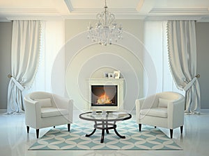 Classic style room with fireplace and armchairs 3D rendering