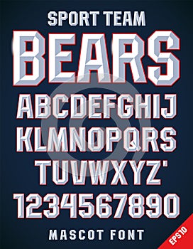 Sport Team font, metallic beveled alphabet and numbers. Upper case. Vector illustration. photo