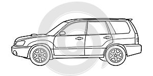 Classic suv car. Crossover car side view shot. Outline doodle vector illustration.