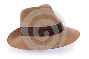 Classic tan brown felt Fedora hat isolated on white background