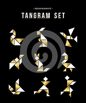 Classic tangram game icon set in gold color