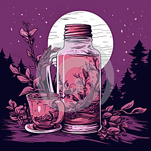 Classic Tea Bottle Printmaking On Purple Background