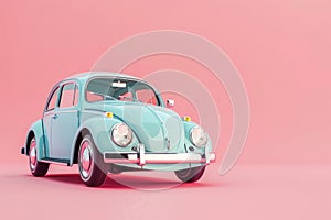 Classic Teal Retro Car Against Pink Background