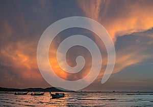 Classic Thailand sunset view with long tail boats, huge 56MP panorama