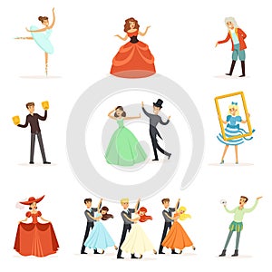 Classic Theater And Artistic Theatrical Performances Series Of Illustrations With Opera, Ballet And Drama Performers On