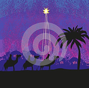 Classic three wise men scene and shining star of Bethlehem