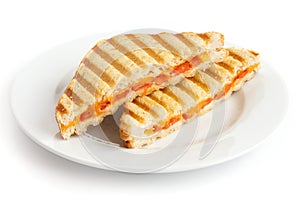 Classic tomato and cheese toasted sandwich on white plate