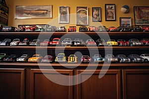 classic toy cars lined up on a shelf